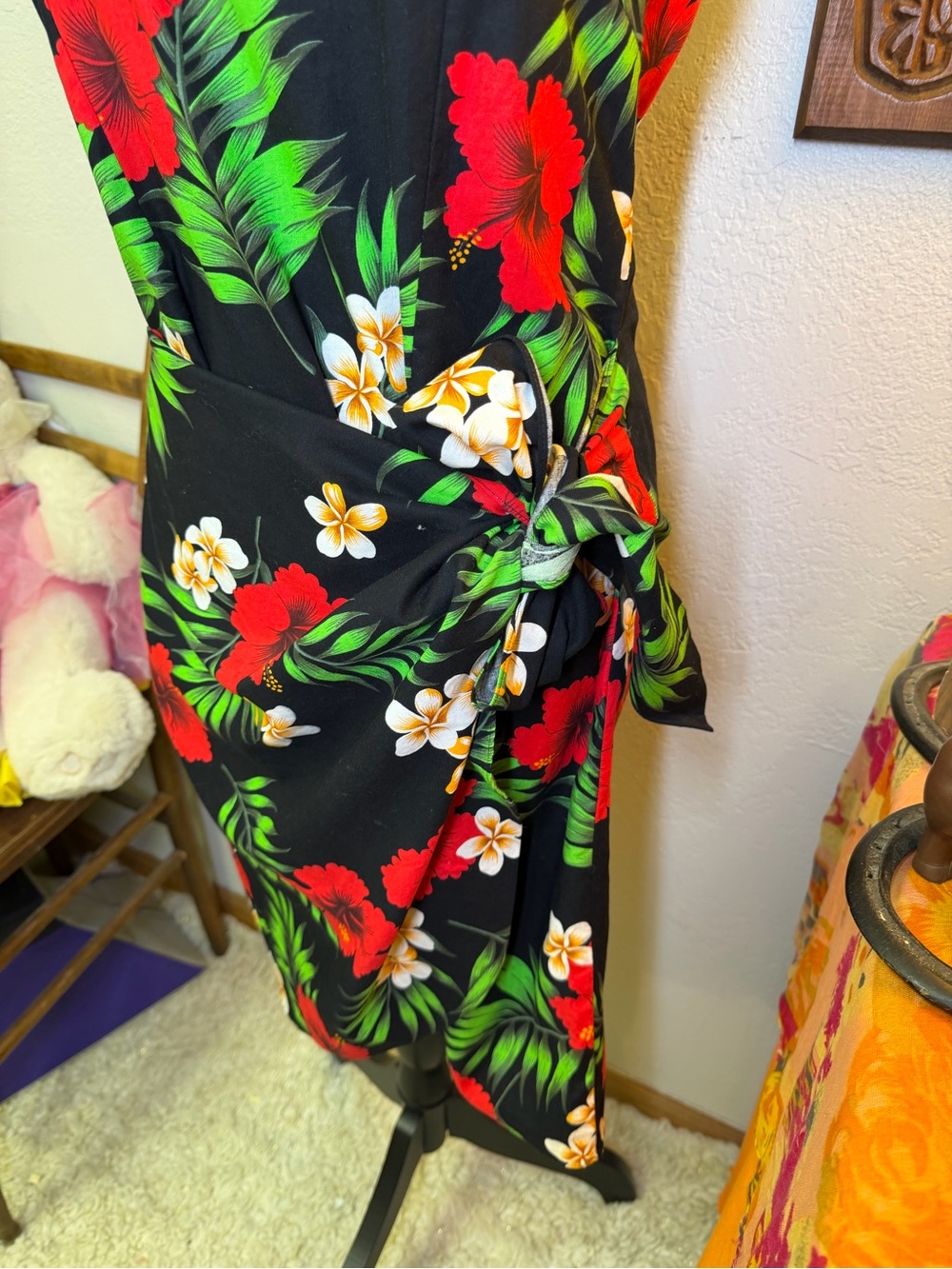 Evergreen Island Made In Hawaii Tropical Floral Wrap Dress Black Hibiscus LARGE - Picture 3 of 14